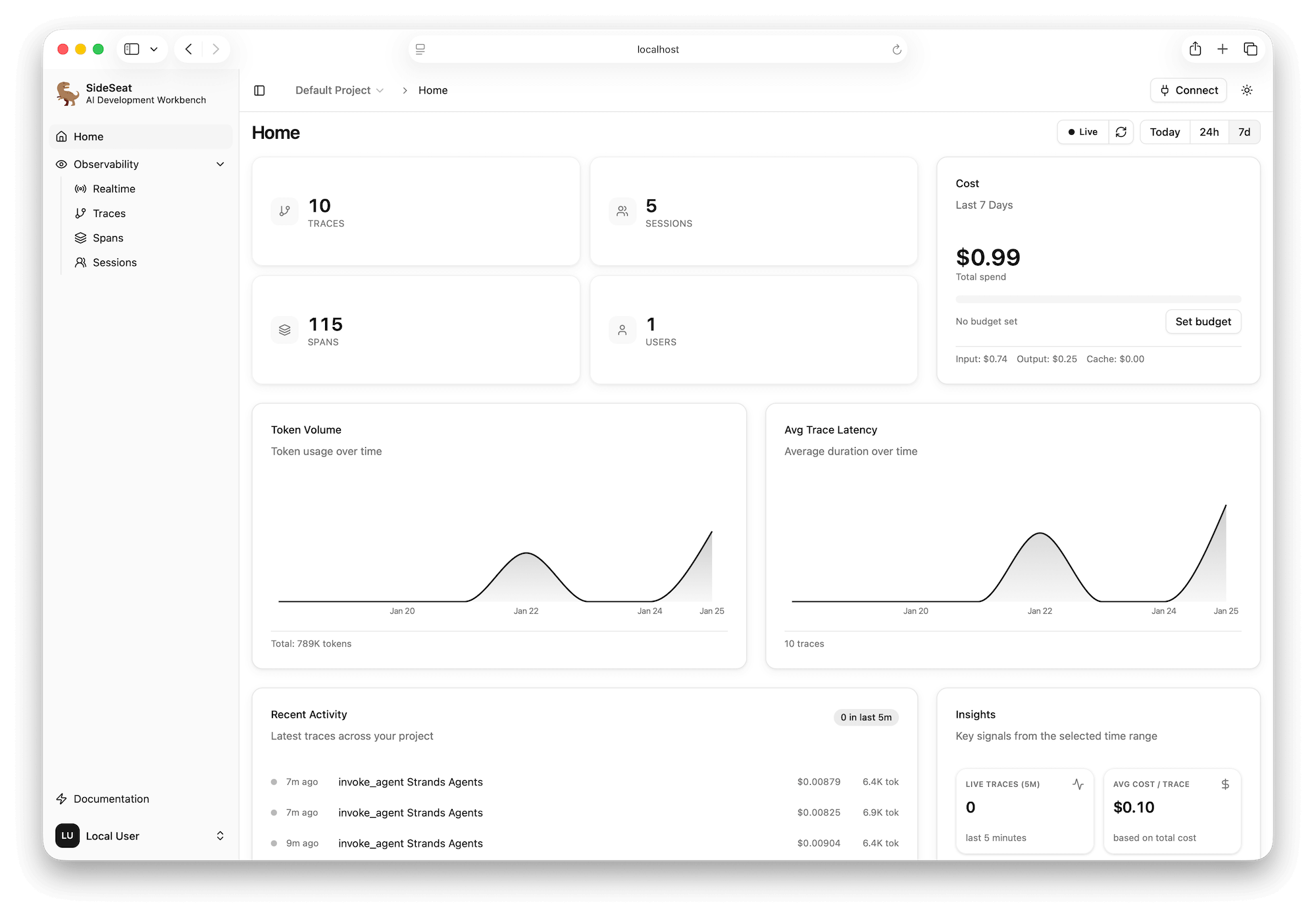 SideSeat trace view with timeline, tool calls, and cost breakdowns
