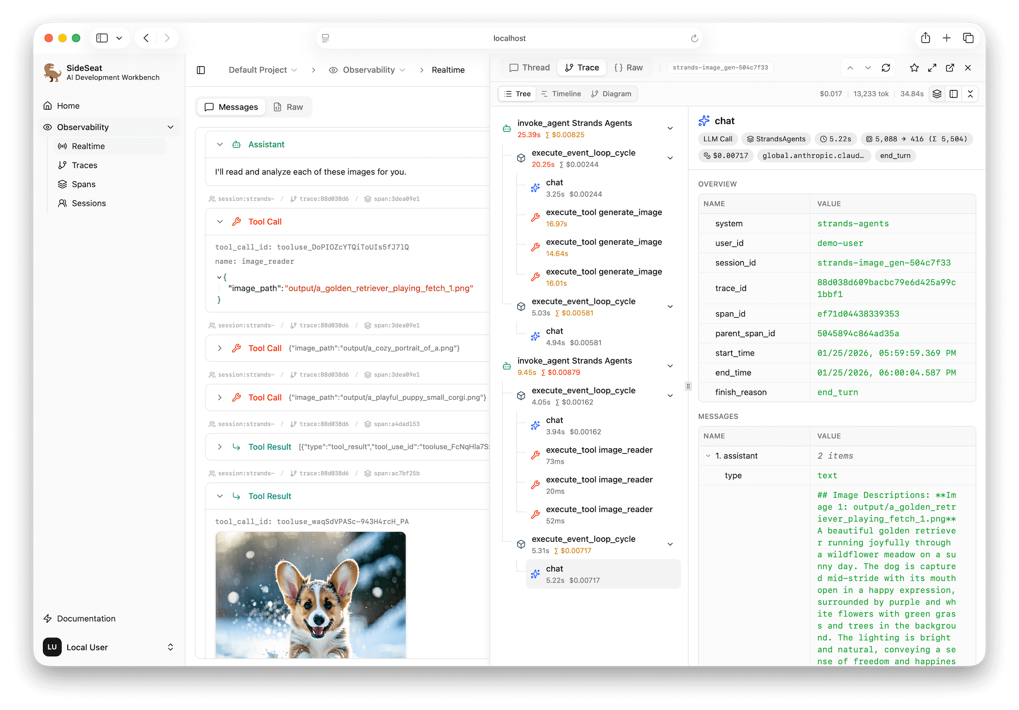 SideSeat showing a full trace with tool calls and model responses